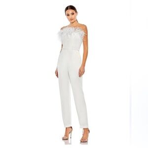 GIANNI BINI Kimberly Strapless Feather Straight Leg Jumpsuit